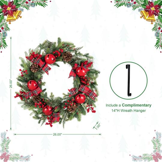 Glitzhome® 26" Christmas Bell Pinecone & Berry Bow Wreath